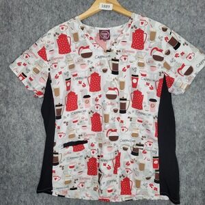 Divine Scrubs Womens Top Size XL V Neck‎ Short Sleeve Coffee Print Black White